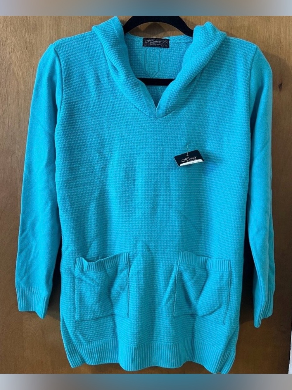 NWT Homer Collection Women's Teal 3/4 Sleeve V-Neck Knit Hooded Shirt Small
